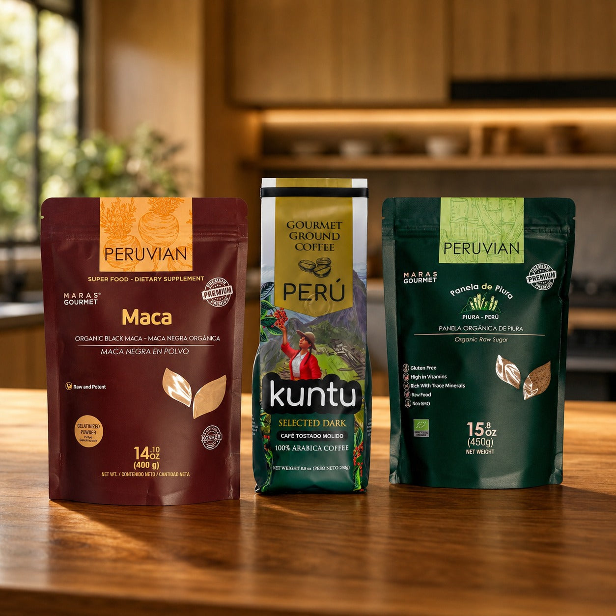 Peruvian Coffee, Organic Panela, and Maca Powder Trio displayed together - Maras Gourmet